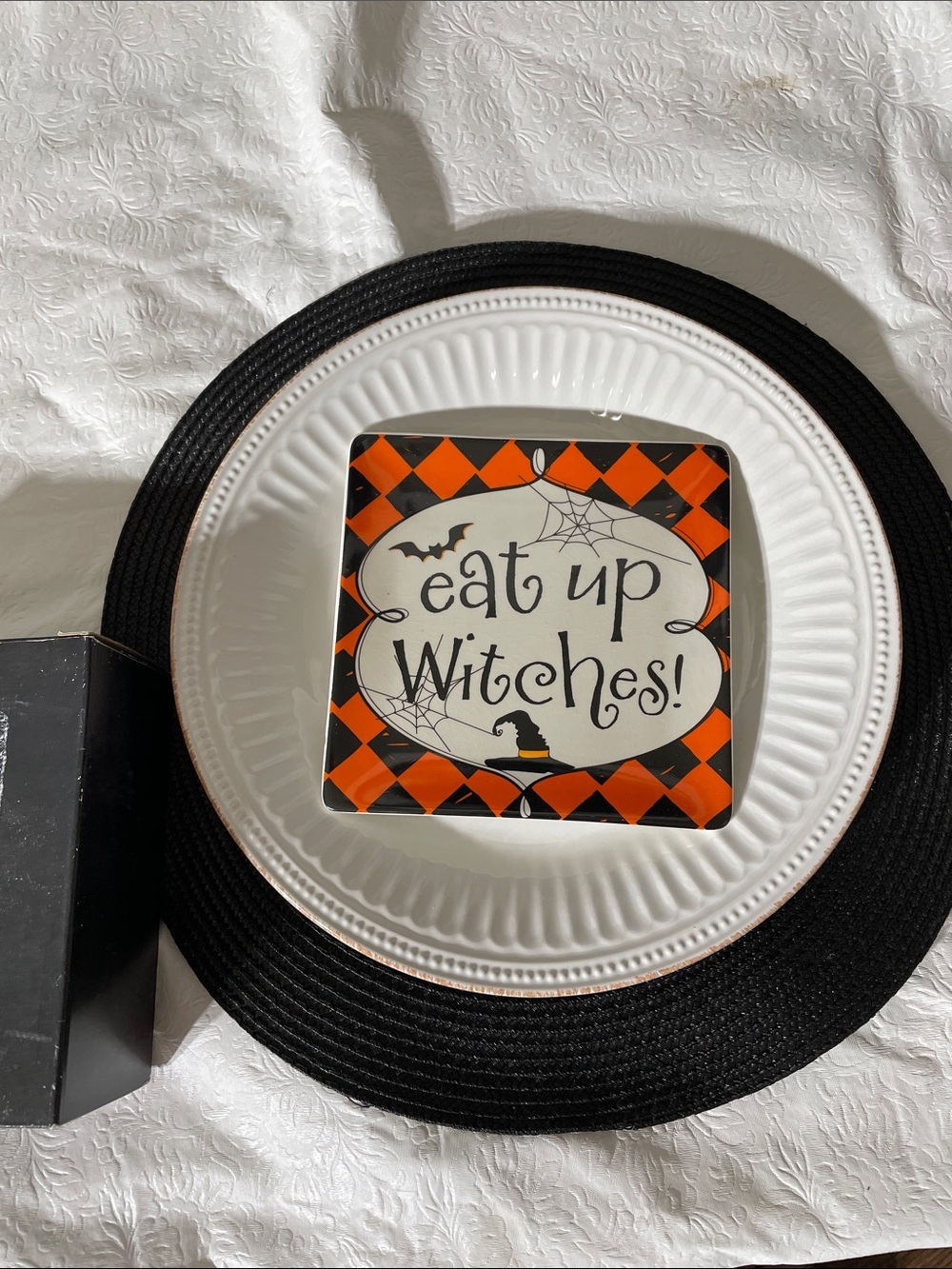 Pier 1 Halloween Square Plate - Orange & Black Diamond Pattern